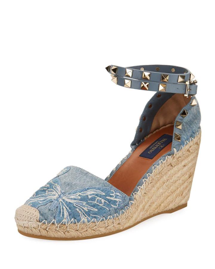 Rockstud Double Butterfly Denim Espadrille Wedge Pumps