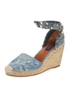 Rockstud Double Butterfly Denim Espadrille Wedge Pumps