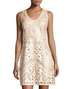 Laser-cut Faux-leather Dress, Champagne