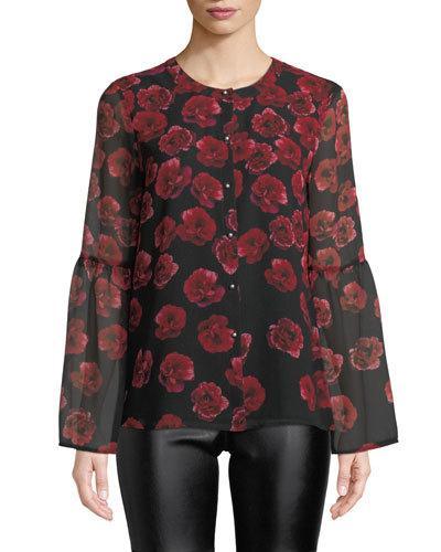 Floral Button-front Bell-sleeve Blouse