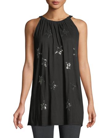 Sequin-star Halter-neck Jersey Tank