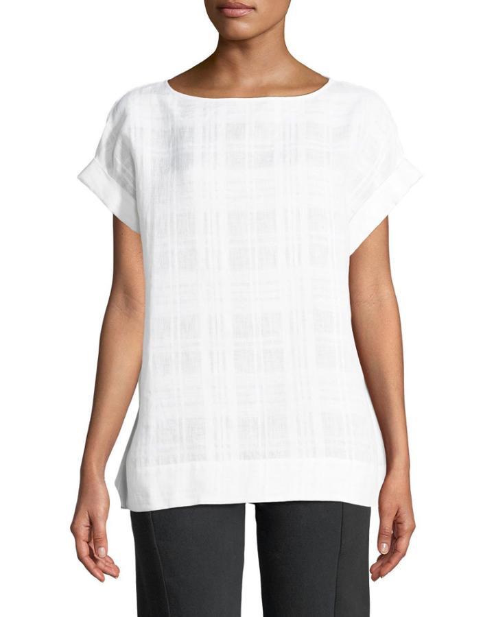 Lori Short-sleeve Linen Madras-plaid Blouse