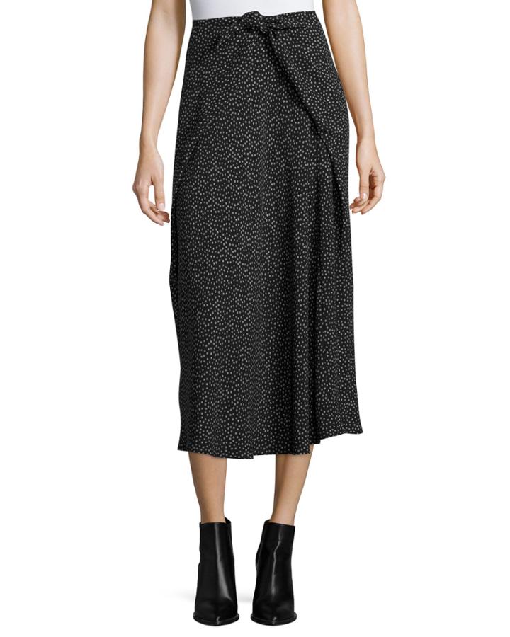 Celestial Polka-dot Tie-front Midi Skirt, Black