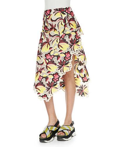 Floral-print Eyelet-trim Asymmetric Skirt, Orange/red