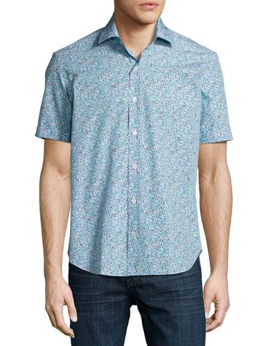 Floral Short-sleeve Sport Shirt, White/navy/aqua