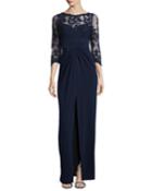 Ml Monique Lhuillier Embroidered Jersey Gown, Navy, Women's,