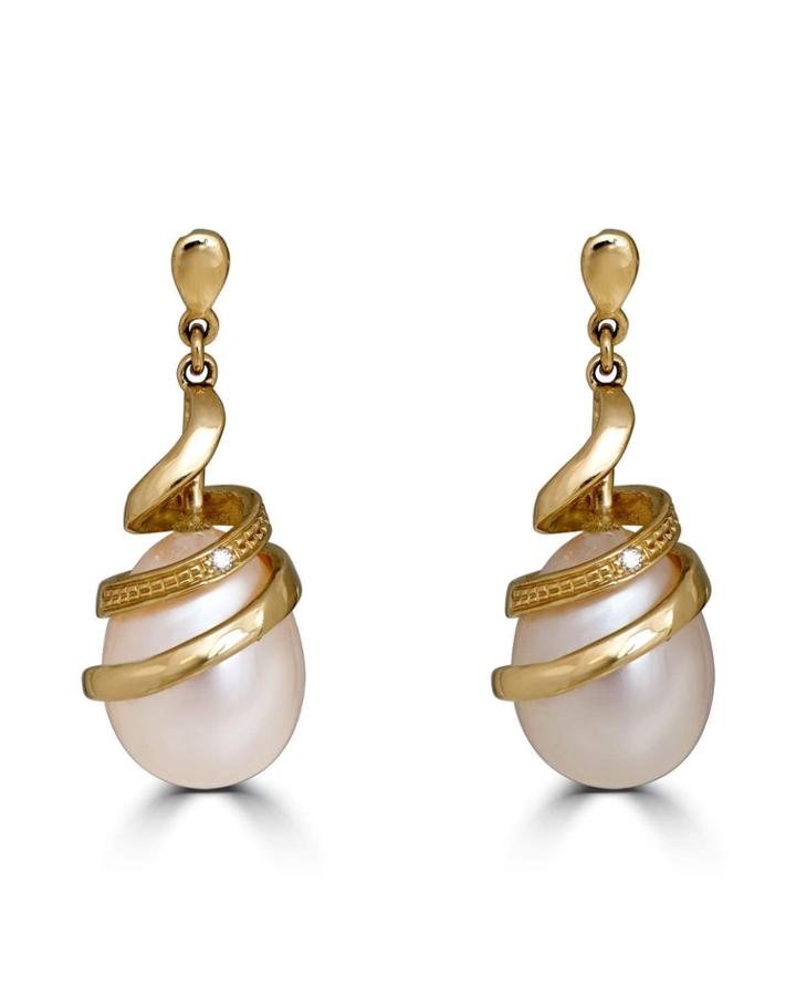 14k Diamond Swirled Pearl-drop Earrings