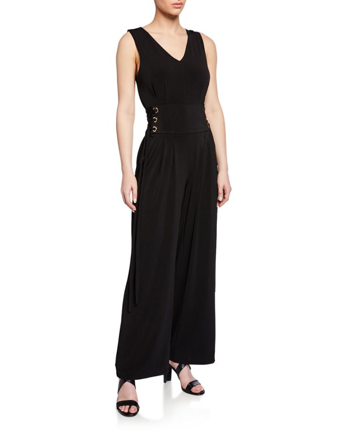 Sleeveless Lace-up-waist Wide-leg Jumpsuit