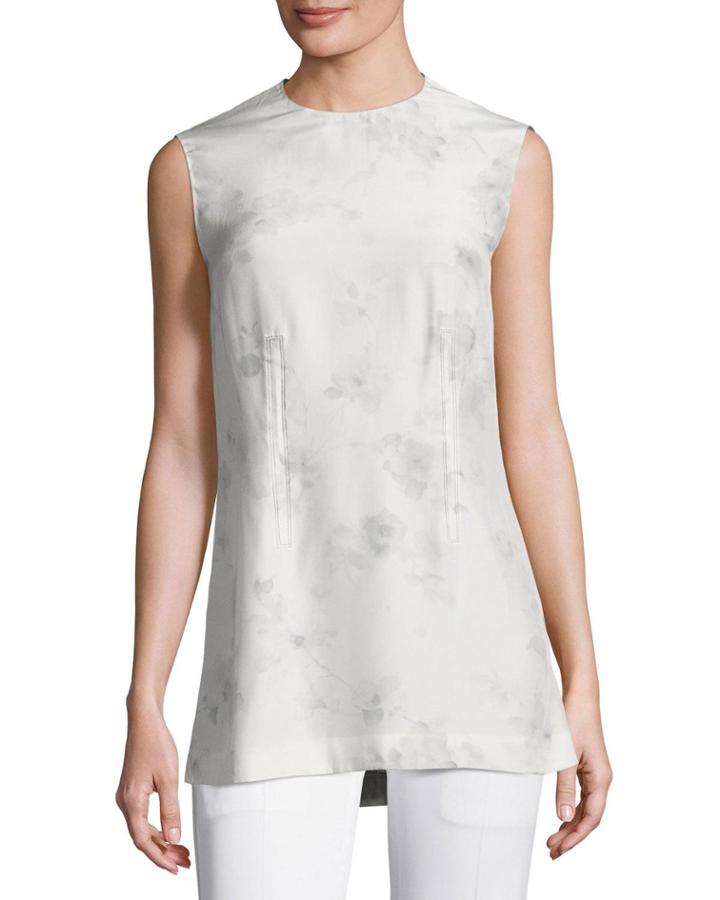 Flower-print Silk Shell Top, Gray