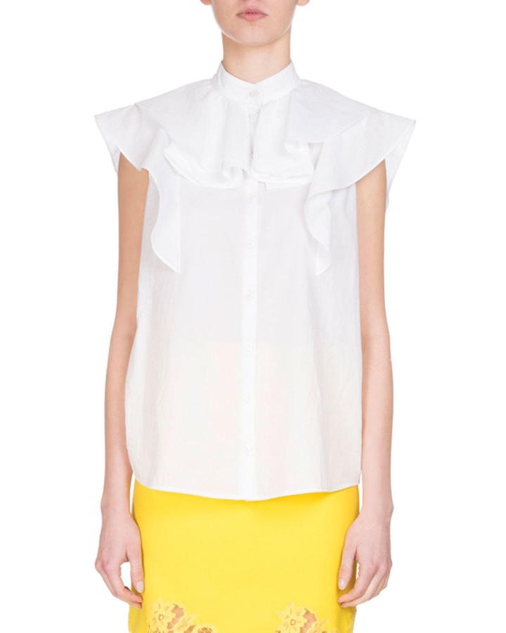 Sleeveless Poplin Ruffle Blouse, White