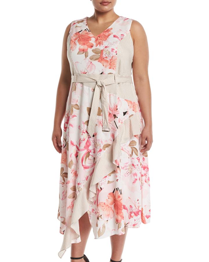 Floral V-neck Tie-waist Dress,
