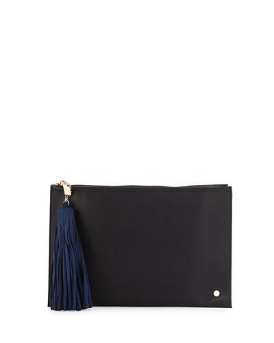 Faux Saffiano Leather Pouch W/tassel, Black