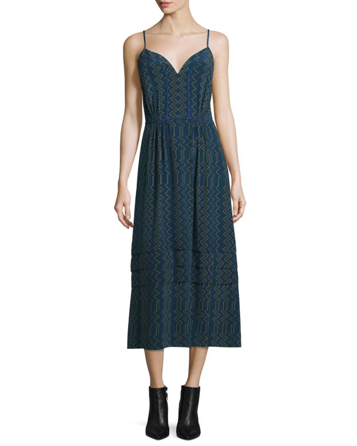 Sleeveless Zigzag-print Crepe De Chine Cami Dress, Navy