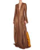 Plunging Long-sleeve Side-slit Draped Metallic-silk Evening Gown