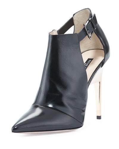 Point-toe Leather Ankle Bootie, Black/rose Gold