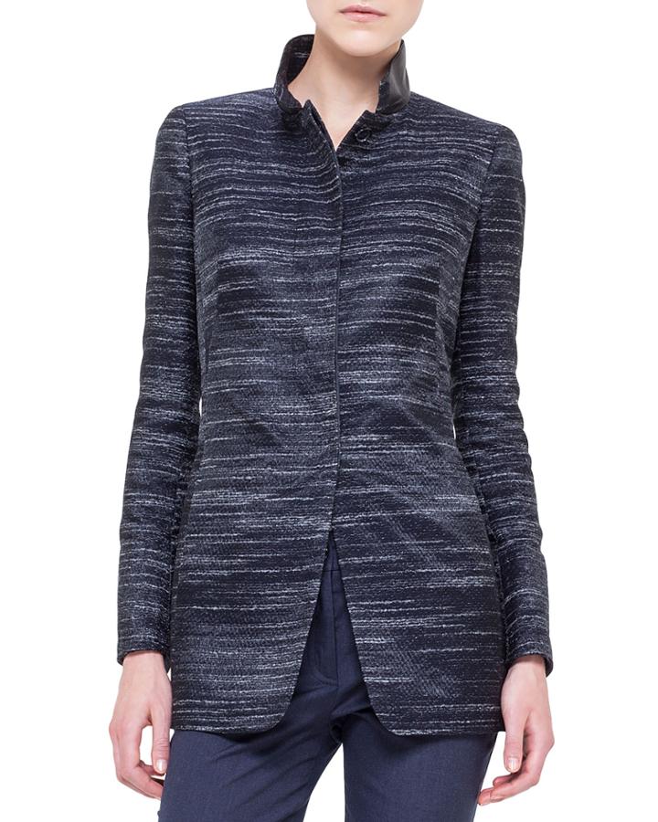 Akris Leather-trimmed Stand Collar Jacket, Black, Women's,