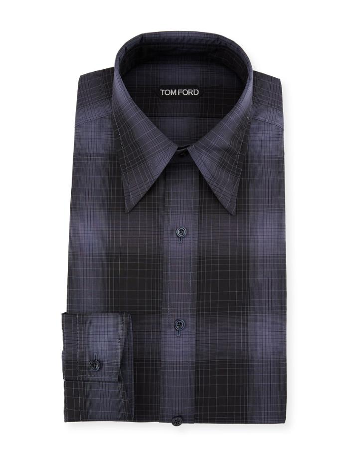 Men's Optical Check Pointed-collar Dress