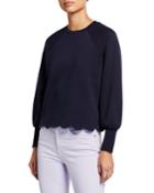 Scalloped Bishop-sleeve Crewneck Top