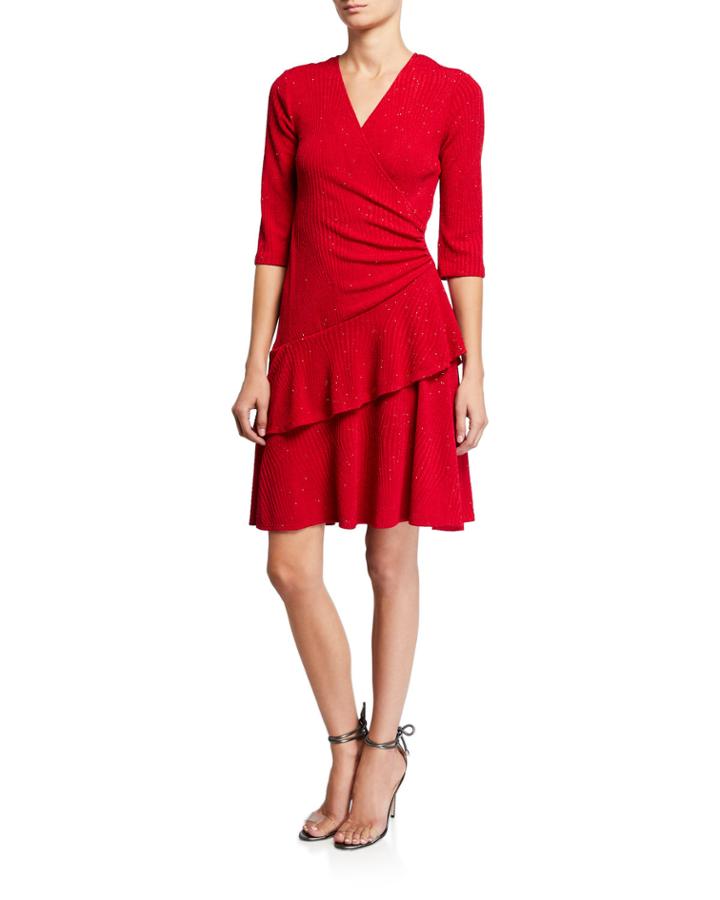 Wrap Glitter Knit Ruffle Dress