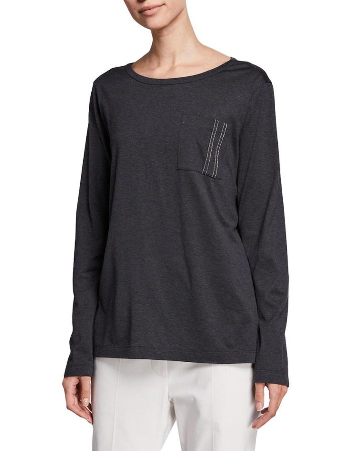 Monili-beaded Long-sleeve Crewneck Martini Cotton Top