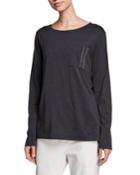 Monili-beaded Long-sleeve Crewneck Martini Cotton Top