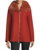 Long-sleeve Zip-front Wool Coat W/ Fur Collar