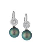 18k Floral Diamond & Tahitian Pearl Drop Earrings