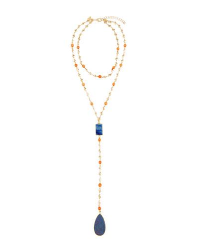 Long Beaded Quartz & Lapis Y-drop Necklace
