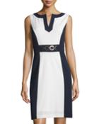 Colorblock Sleeveless Sheath Dress, Navy/natural White