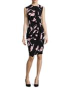 Sleeveless French-rose-print Sheath Dress, Black/rose
