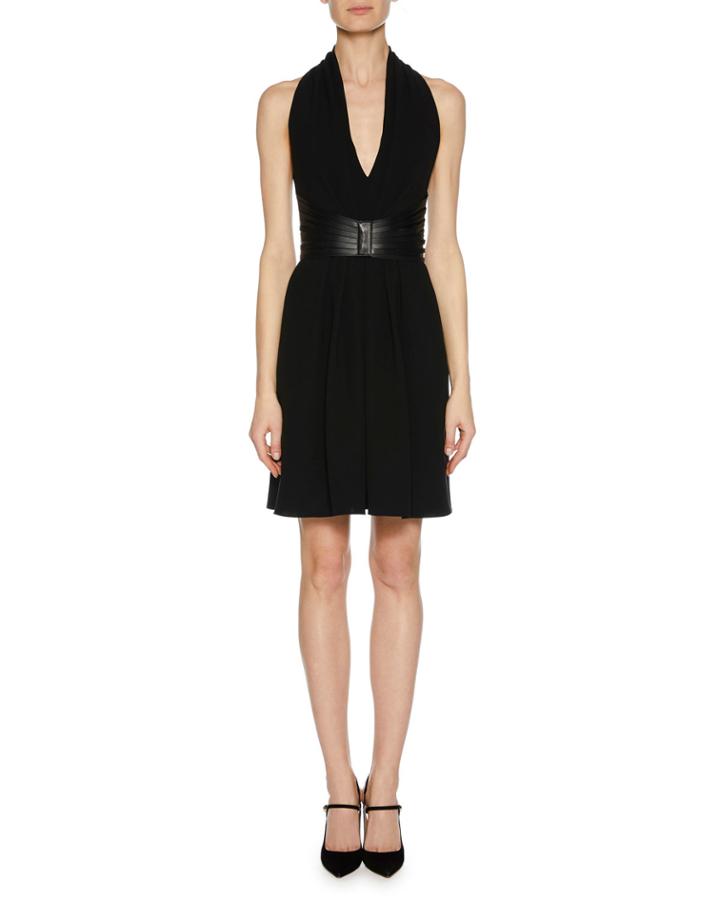 Deep-v Halter Sleeveless Silk Dress W/ Leather Harness