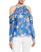 Floral Cold-shoulder Long-sleeve Keyhole Halter Blouse