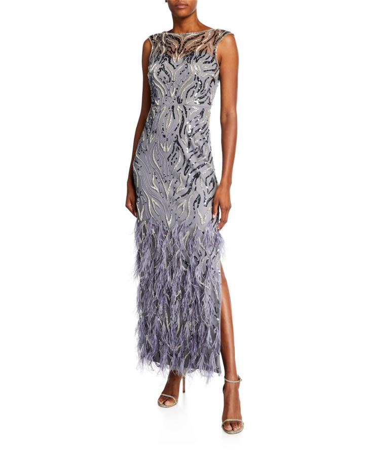Beaded Cap-sleeve Column Gown With Feathers