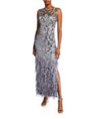 Beaded Cap-sleeve Column Gown With Feathers