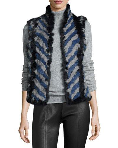 Stripe-print Rabbit Fur Vest, Blue
