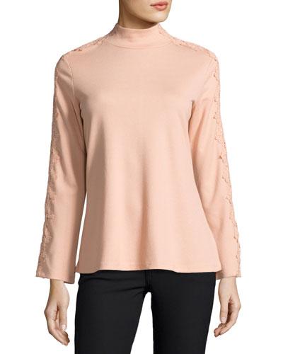 Mock-neck Lace-trim Top, Peach