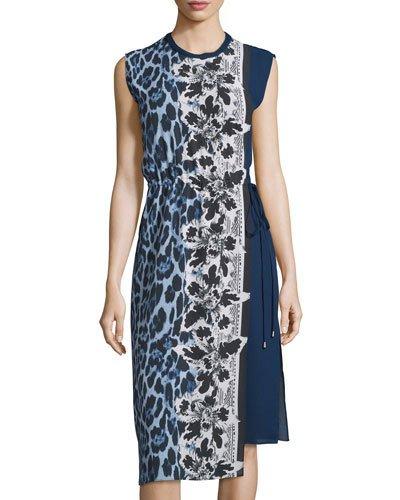 Sleeveless Printed Side-tie Dress, Blue