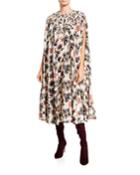 Floral Silk Cape-sleeve Dress