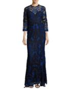 3/4-sleeve Floral Lace Gown, Navy
