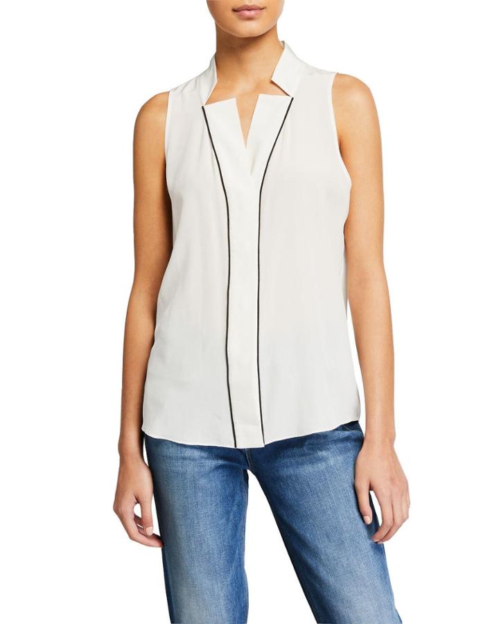 Contrast-piped Silk Notched-collar Blouse