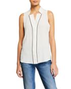 Contrast-piped Silk Notched-collar Blouse