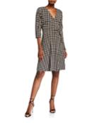 3/4-sleeve Tie Wrap Houndstooth Dress