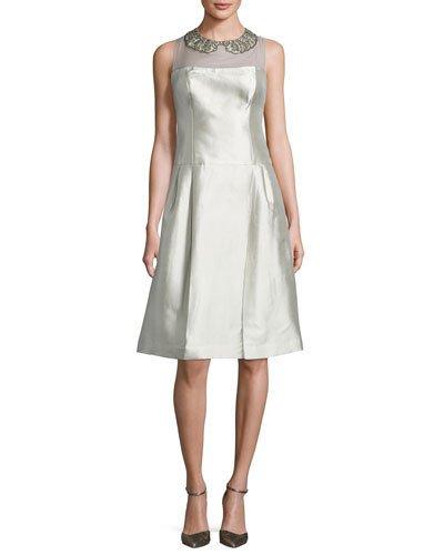 Sleeveless Taffeta Illusion Cocktail Dress, Platinum