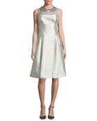 Sleeveless Taffeta Illusion Cocktail Dress, Platinum