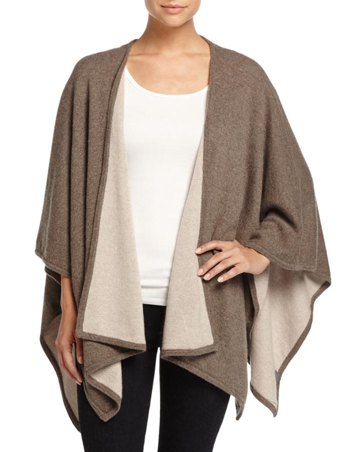 Neiman Marcus Cashmere Reversible Poncho Cardigan, Taupe/oatmeal, Women's, Pepper Hea