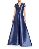 Beaded-trim V-neck Cap-sleeve Faille Gown W/ Inverted Pleat