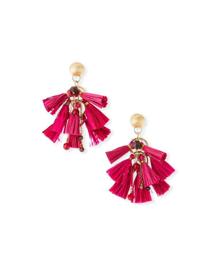 Raffia & Bead Tassel Statement Earrings, Pink