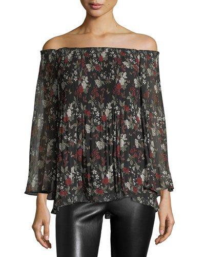 Floral-print Plisse Off-the-shoulder Blouse