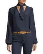 V-neck Button-front Silk Blouse With