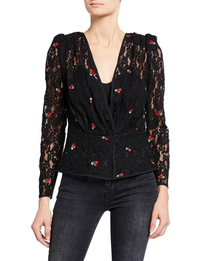 Cherry-embroidered Peplum Wrap Top